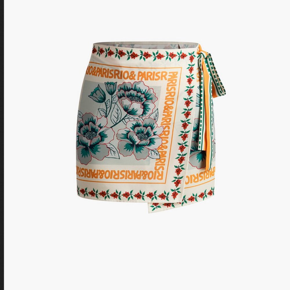 Commense Large Floral Print Asymmetrical Wrap Mini Skirt Vacation Summer…